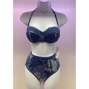 High-Waist Denim Print Bikini Set - Blue